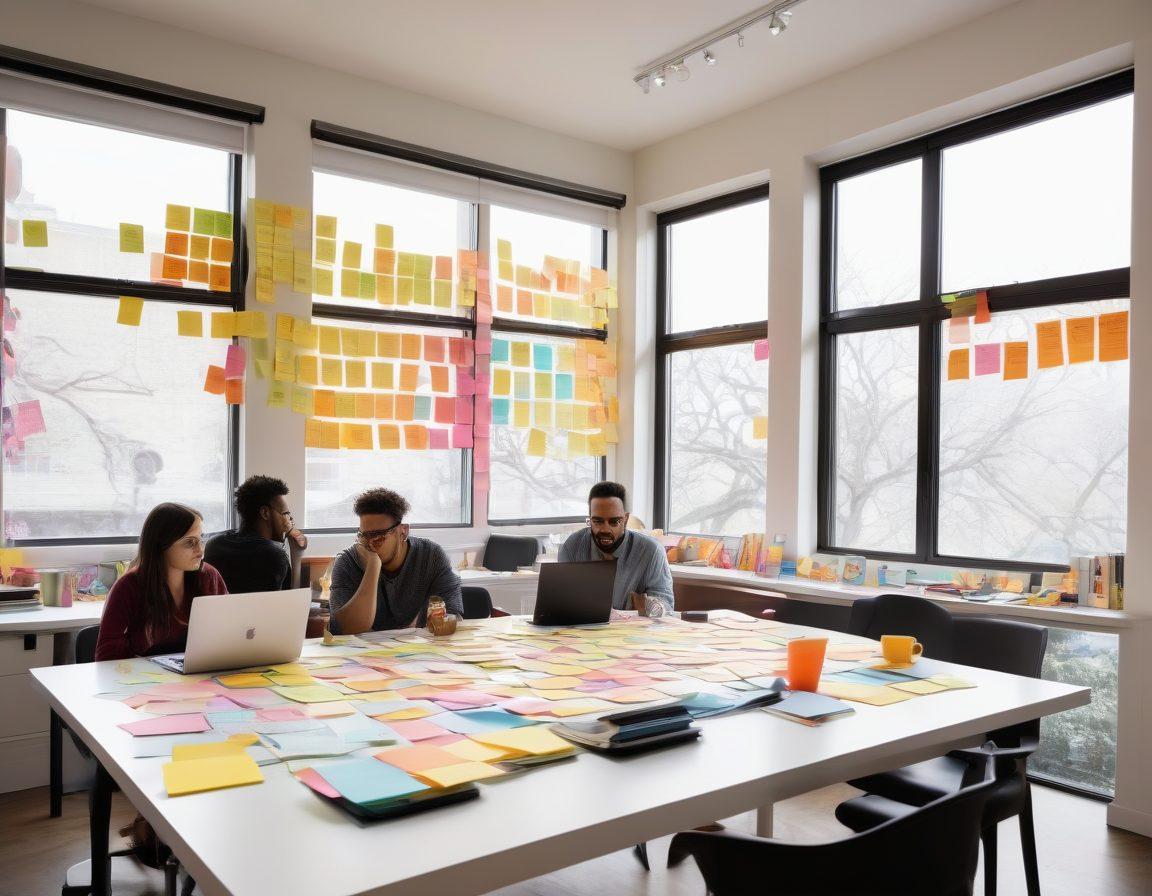 A vibrant and dynamic workspace featuring a diverse group of content creators brainstorming around a large table, filled with laptops, colorful sticky notes, and coffee cups. The background displays mind maps and charts highlighting key engagement techniques. Bright light filters through a large window, symbolizing creativity and innovation. super-realistic. vibrant colors. white background.