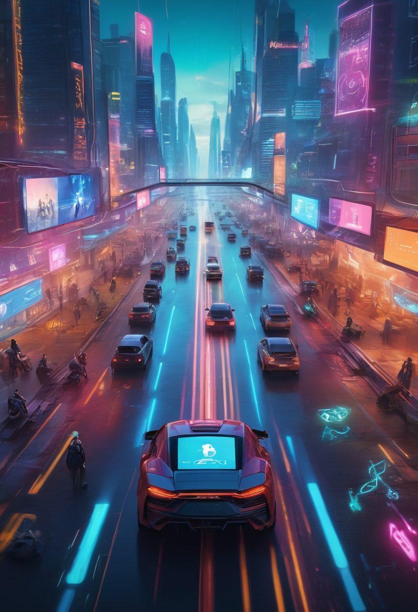 A dynamic digital landscape showcasing a diverse group of people engaging with various online platforms on their devices, surrounded by floating symbols of traffic metrics, social media icons, and branding elements. The setting is vibrant and futuristically designed, emphasizing connection and digital growth. Bright colors representing creativity and innovation weave through the scene. super-realistic. vibrant colors. cyberpunk.