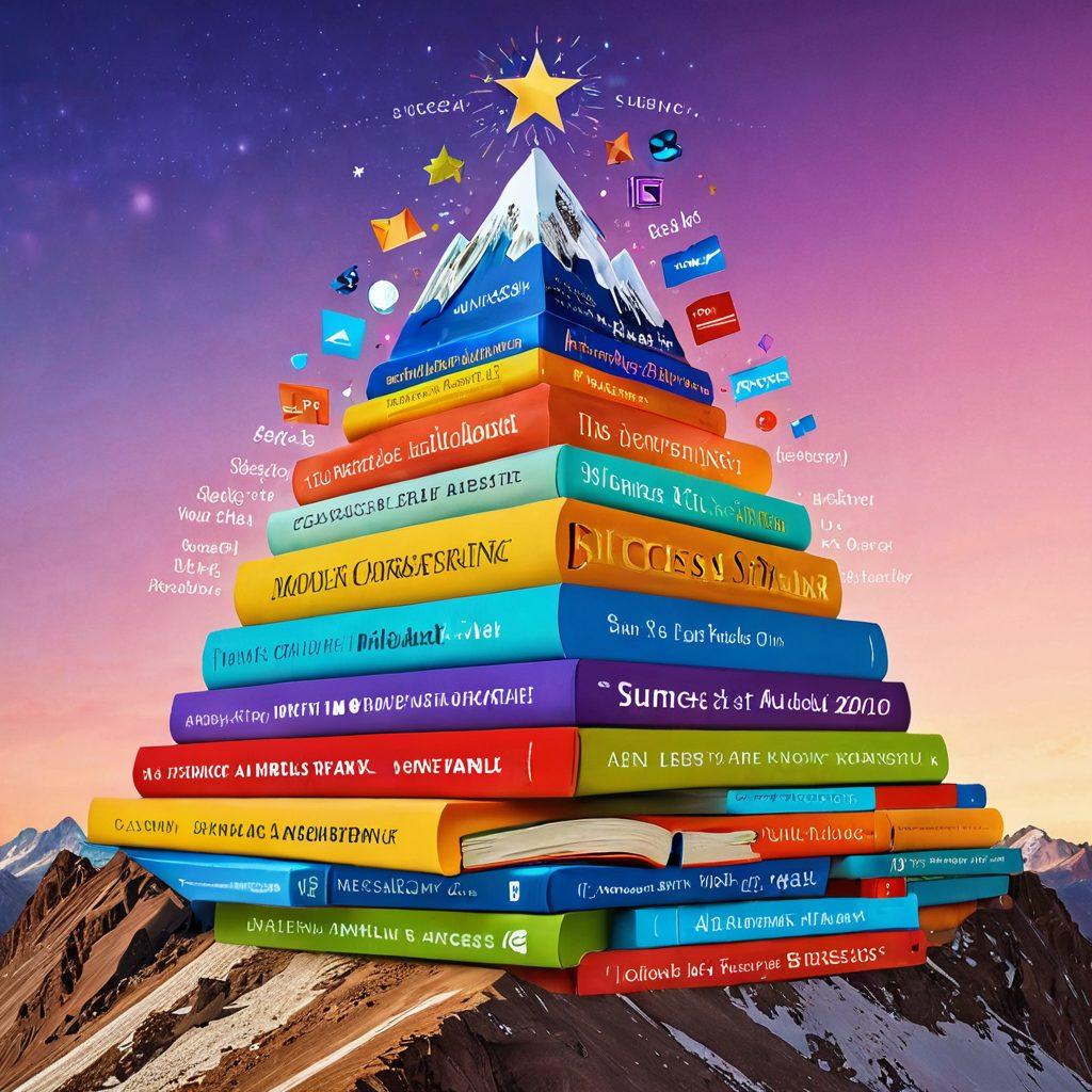 A digital landscape showcasing a majestic mountain made of books, symbolizing knowledge, overlaid with various colorful blog icons representing different niches. A person figuratively 'climbing' the mountain, reaching towards a shining star labeled 'Success'. Bright, engaging colors and a sense of upward momentum are emphasized. super-realistic. vibrant colors. 3D.